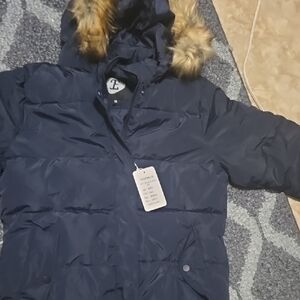 Navy Hooded Blazer with Faux Fur Trim